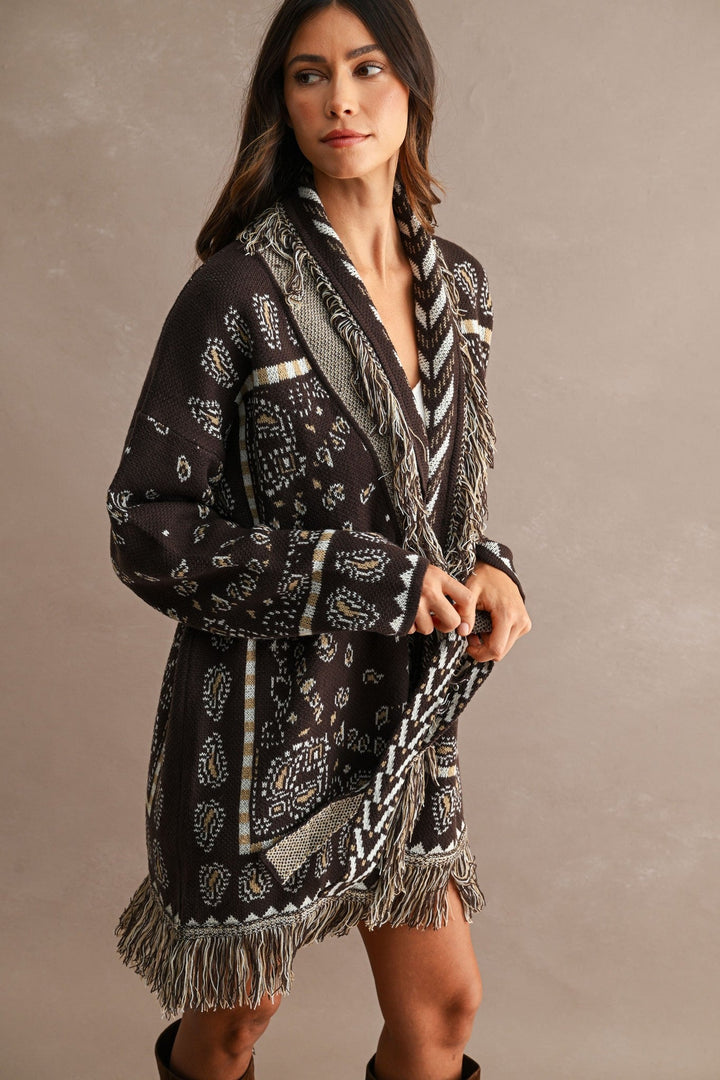 Chocolate Brown Longline Bandana Fringed Shawl Collar Knit Cardigan - STYLED BY ALX COUTUREOuterwear