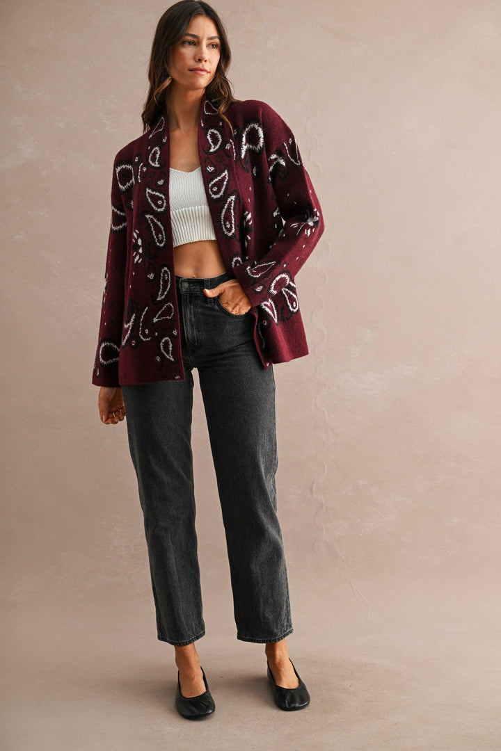 Chocolate Brown Paisley Knit Open Front Shawl Collar Cardigan - STYLED BY ALX COUTUREOuterwear