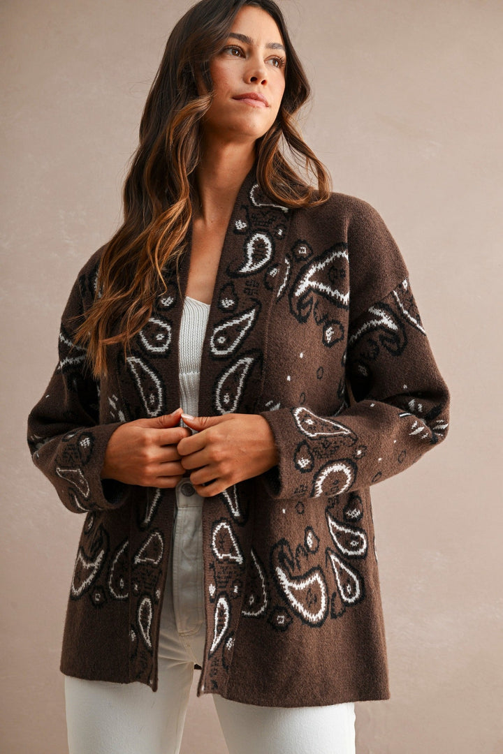 Chocolate Brown Paisley Knit Open Front Shawl Collar Cardigan - STYLED BY ALX COUTUREOuterwear