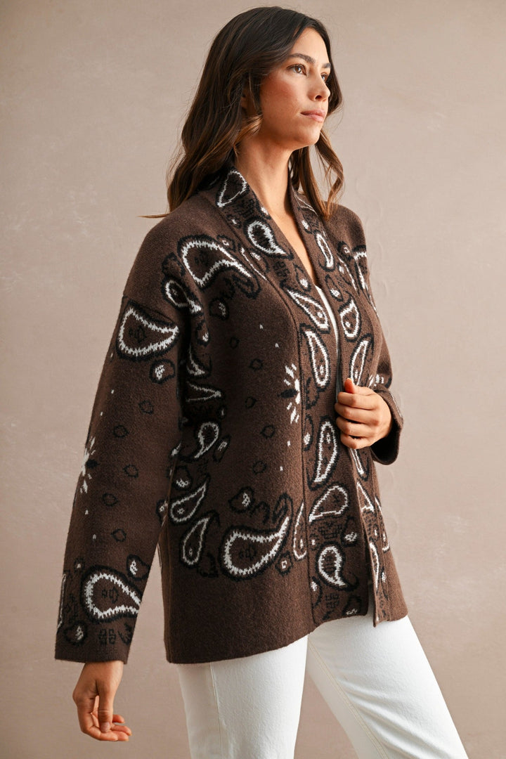 Chocolate Brown Paisley Knit Open Front Shawl Collar Cardigan - STYLED BY ALX COUTUREOuterwear