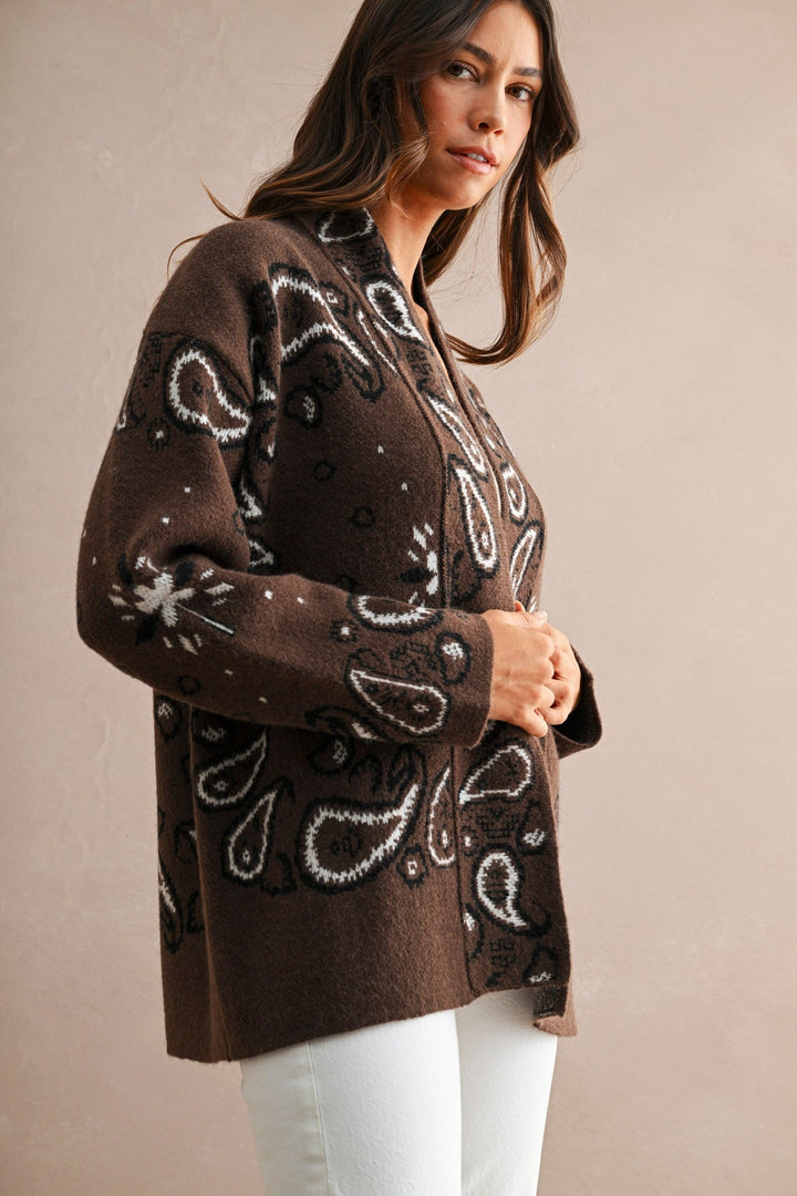 Chocolate Brown Paisley Knit Open Front Shawl Collar Cardigan - STYLED BY ALX COUTUREOuterwear