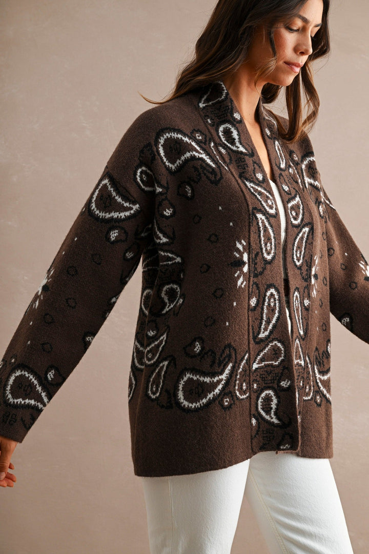 Chocolate Brown Paisley Knit Open Front Shawl Collar Cardigan - STYLED BY ALX COUTUREOuterwear