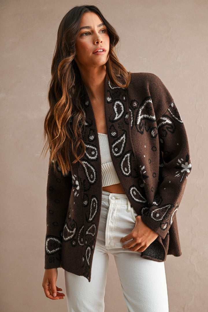 Chocolate Brown Paisley Knit Open Front Shawl Collar Cardigan - STYLED BY ALX COUTUREOuterwear