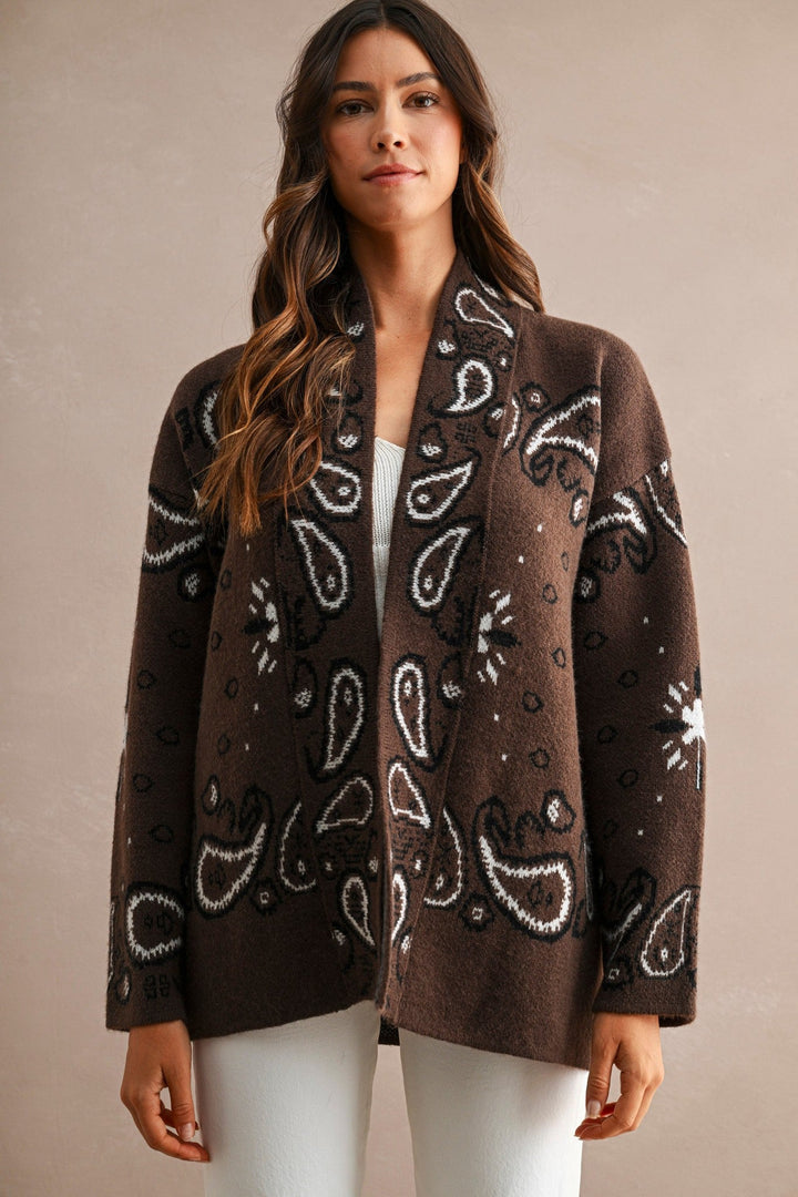 Chocolate Brown Paisley Knit Open Front Shawl Collar Cardigan - STYLED BY ALX COUTUREOuterwear