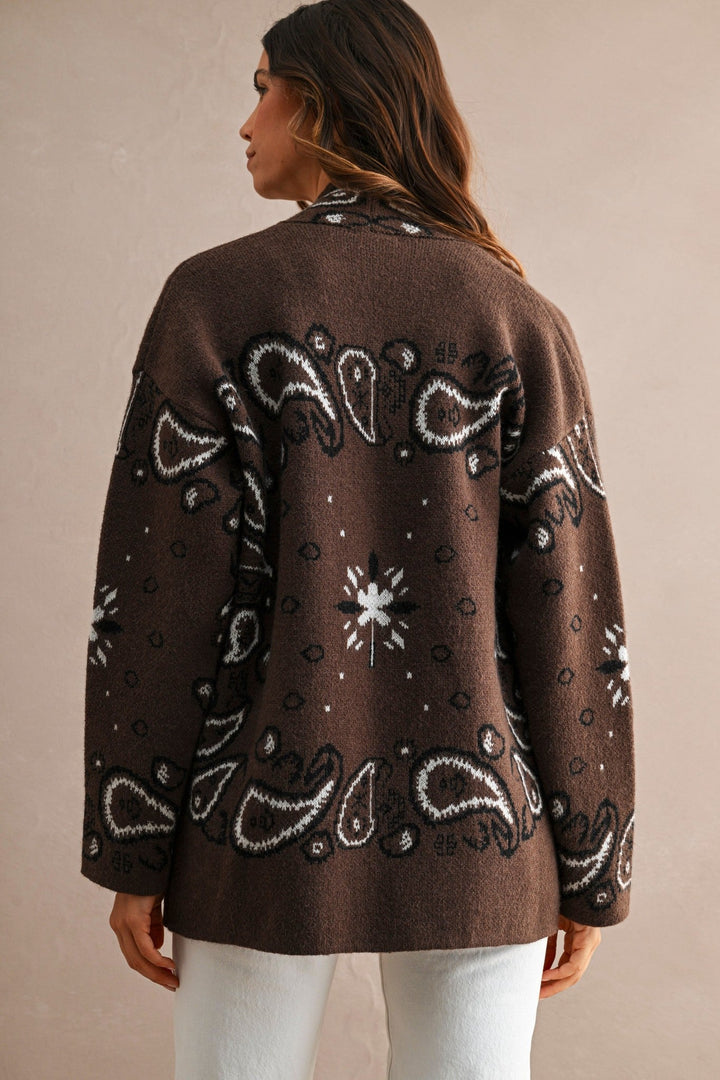 Chocolate Brown Paisley Knit Open Front Shawl Collar Cardigan - STYLED BY ALX COUTUREOuterwear