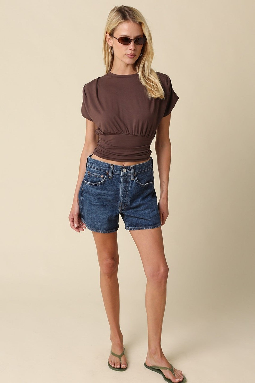 Chocolate Brown Sophie Cinched Ribbed Tee - STYLED BY ALX COUTURETops