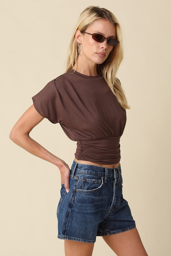 Chocolate Brown Sophie Cinched Ribbed Tee - STYLED BY ALX COUTURETops