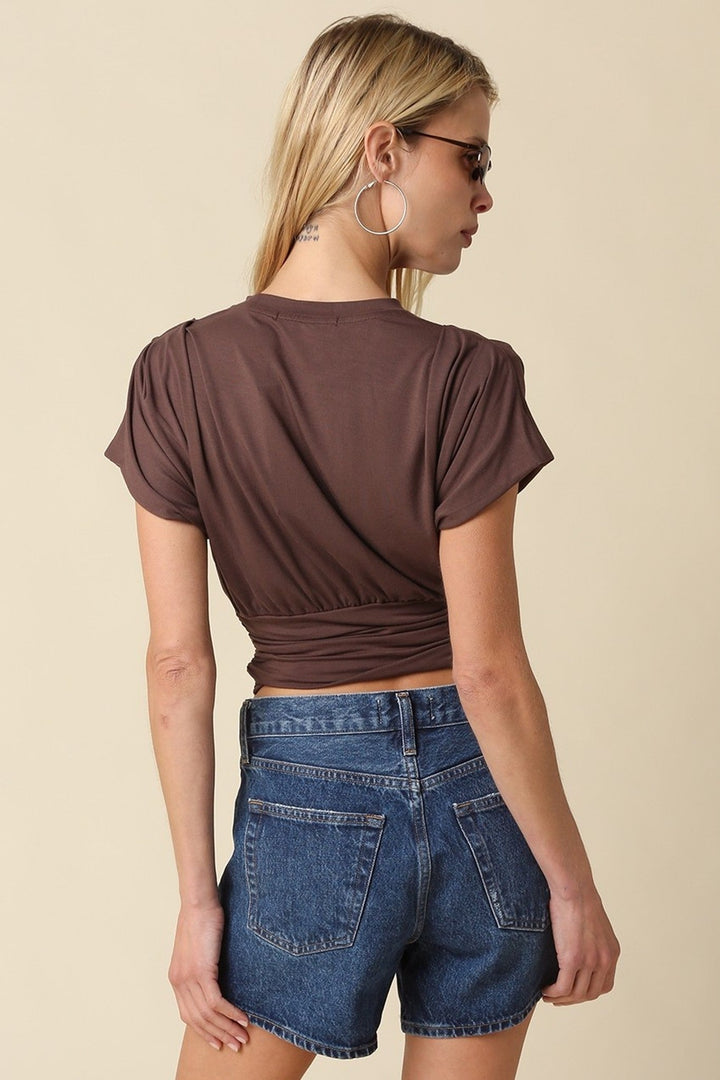 Chocolate Brown Sophie Cinched Ribbed Tee - STYLED BY ALX COUTURETops
