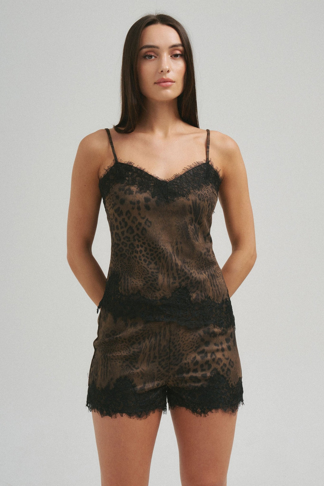 Brushed leopard cami styled with the matching lace trim shorts