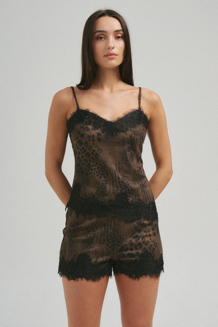 Brushed leopard cami styled with the matching lace trim shorts