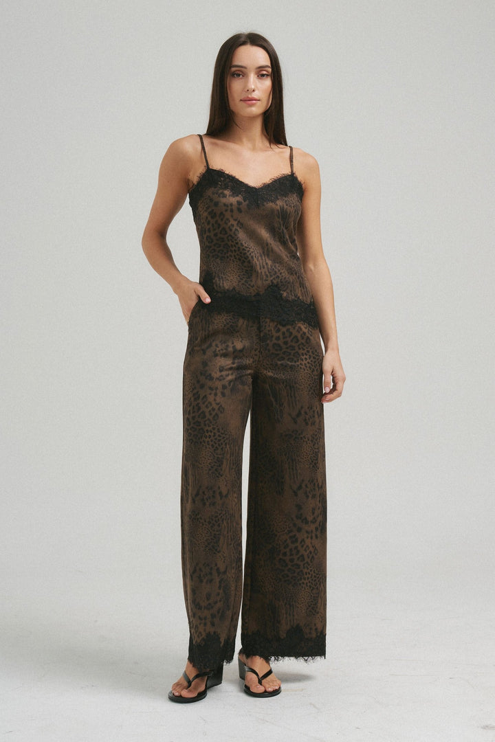 Chocolate brushed leopard lace trim wide leg pants worn with the matching cami top, front view