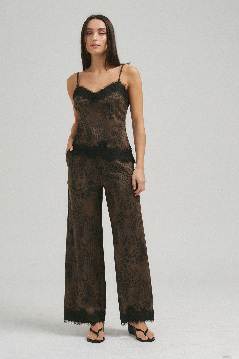 Brushed leopard print lace trim pants, front view