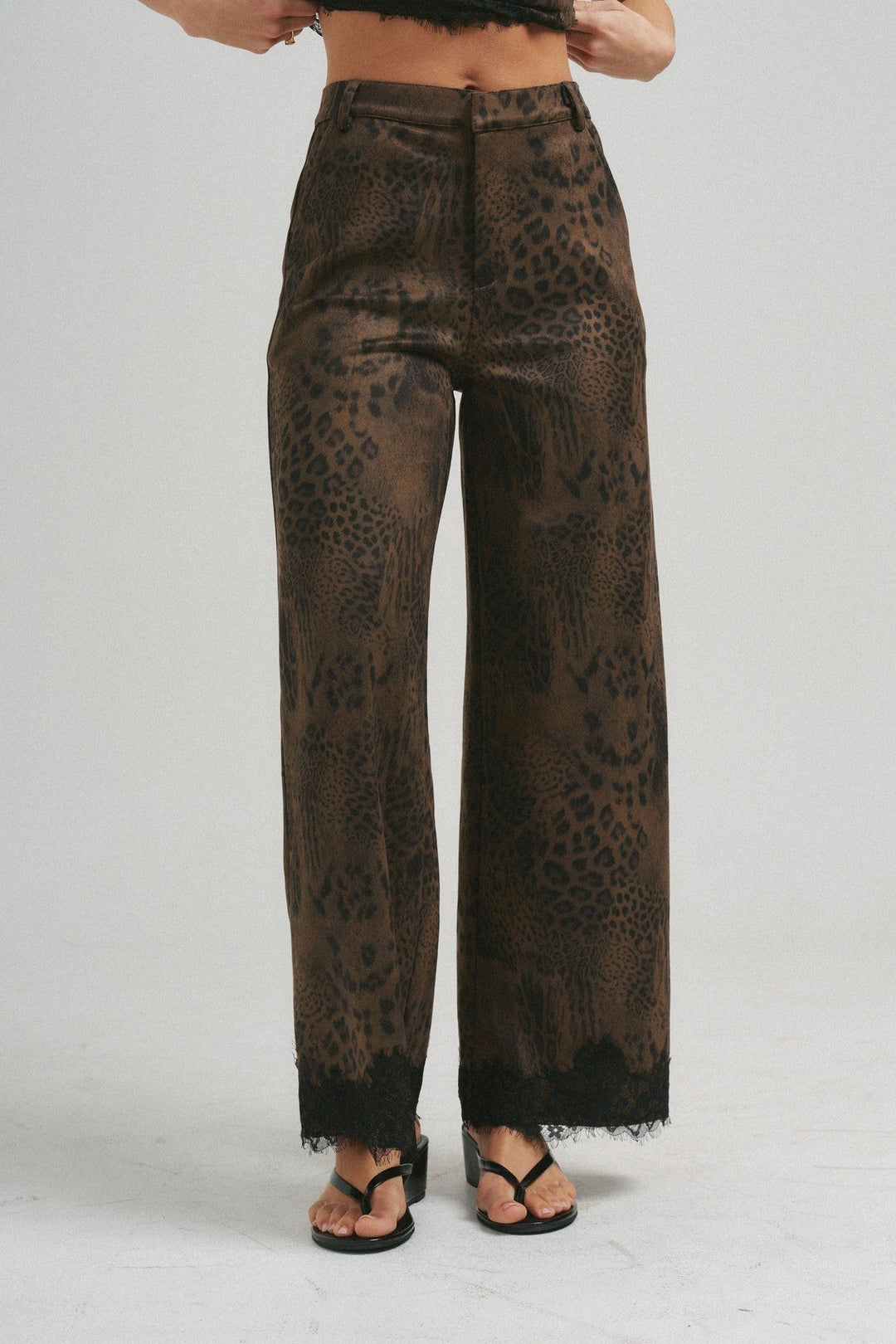 Chocolate Brushed Leopard Lace Trim Pants - STYLED BY ALX COUTUREPants