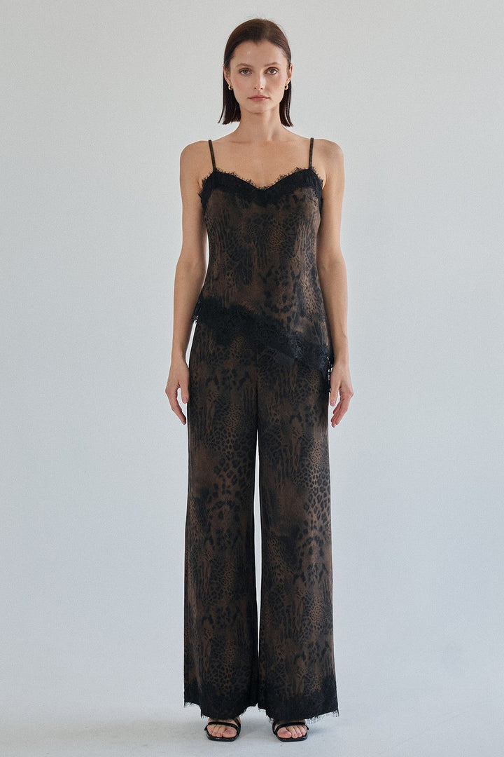 Brushed leopard pants styled as a set with the lace trim cami