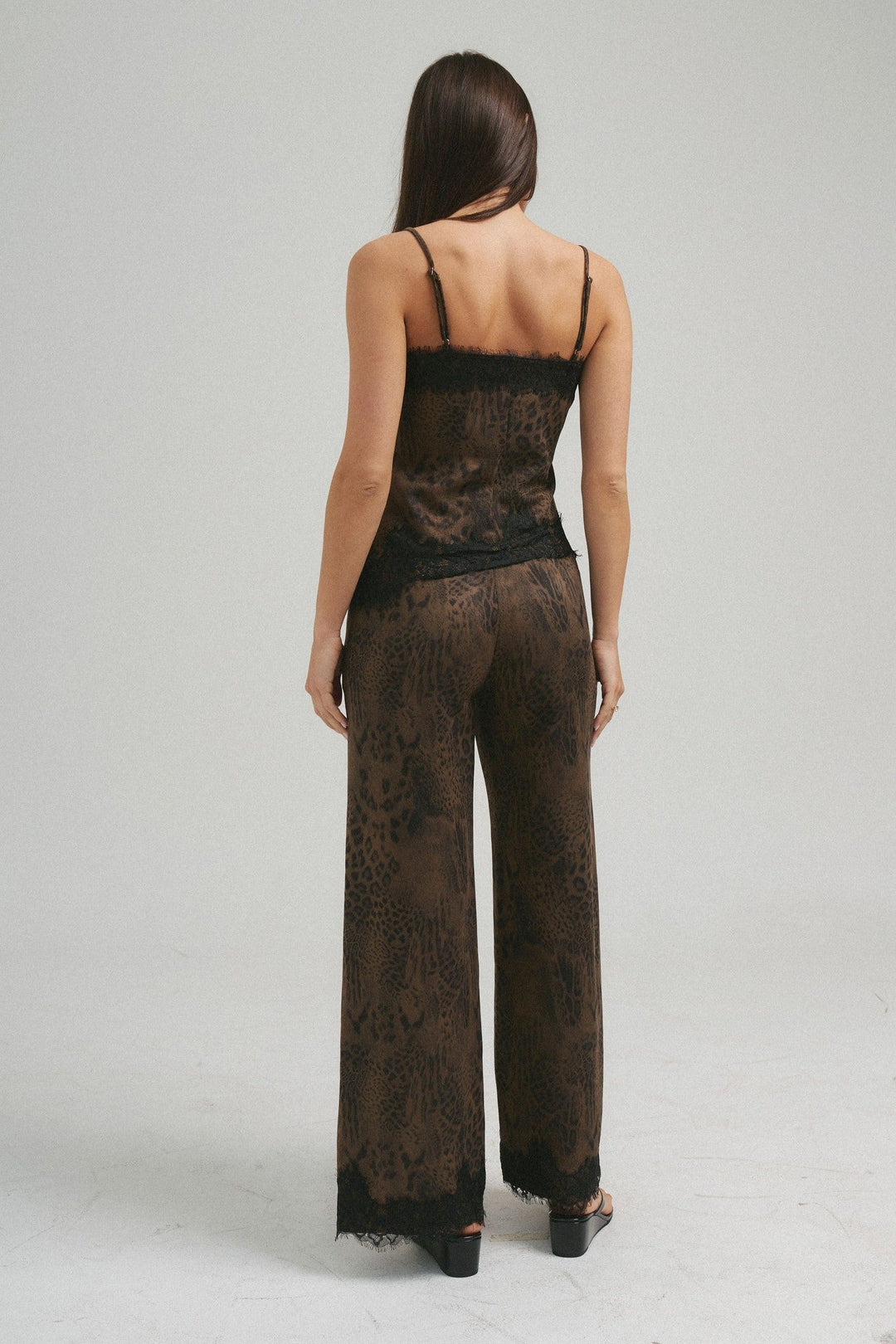 Chocolate Brushed Leopard Lace Trim Pants - STYLED BY ALX COUTUREPants