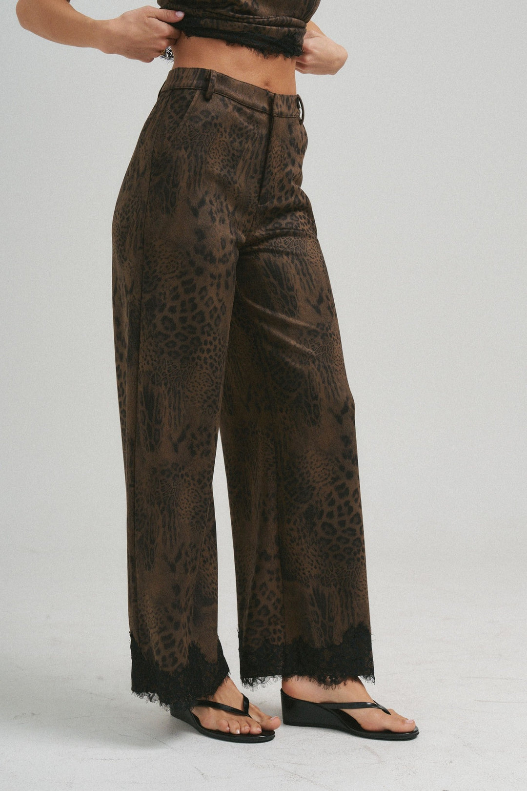 Brushed leopard lace trim pants, back view