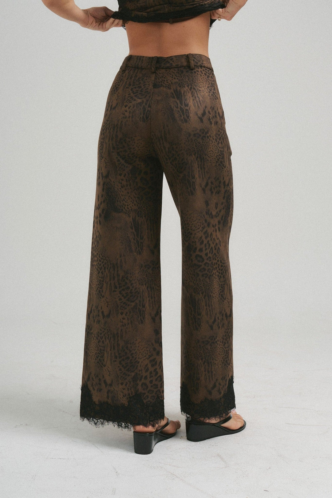 Chocolate Brushed Leopard Lace Trim Pants - STYLED BY ALX COUTUREPants