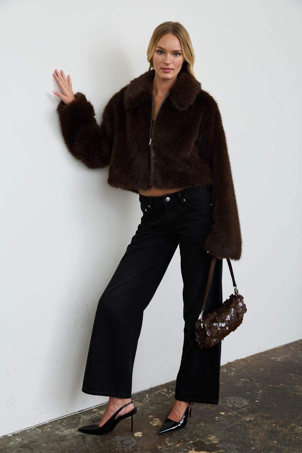 Chocolate Cropped Faux Fur Zip-up Collared Jacket - STYLED BY ALX COUTURECoats & Jackets