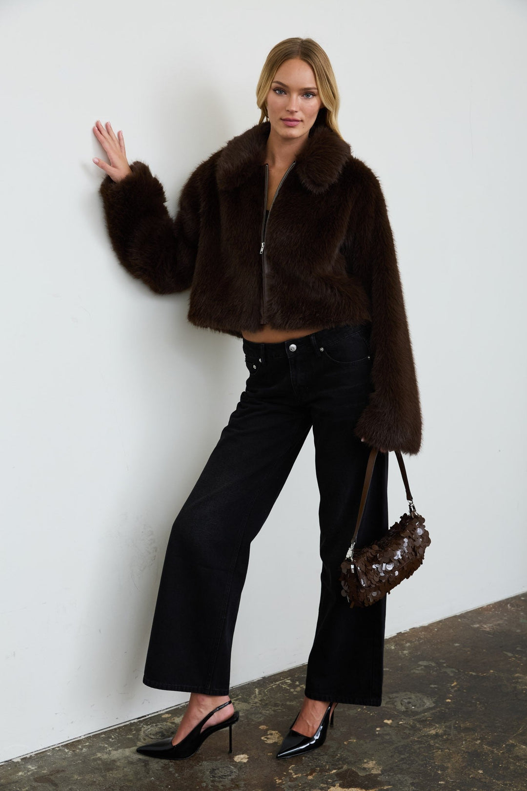 Chocolate Cropped Faux Fur Zip-up Collared Jacket - STYLED BY ALX COUTURECoats &amp; Jackets