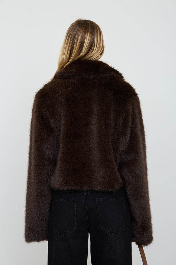 Chocolate Cropped Faux Fur Zip-up Collared Jacket - STYLED BY ALX COUTURECoats &amp; Jackets