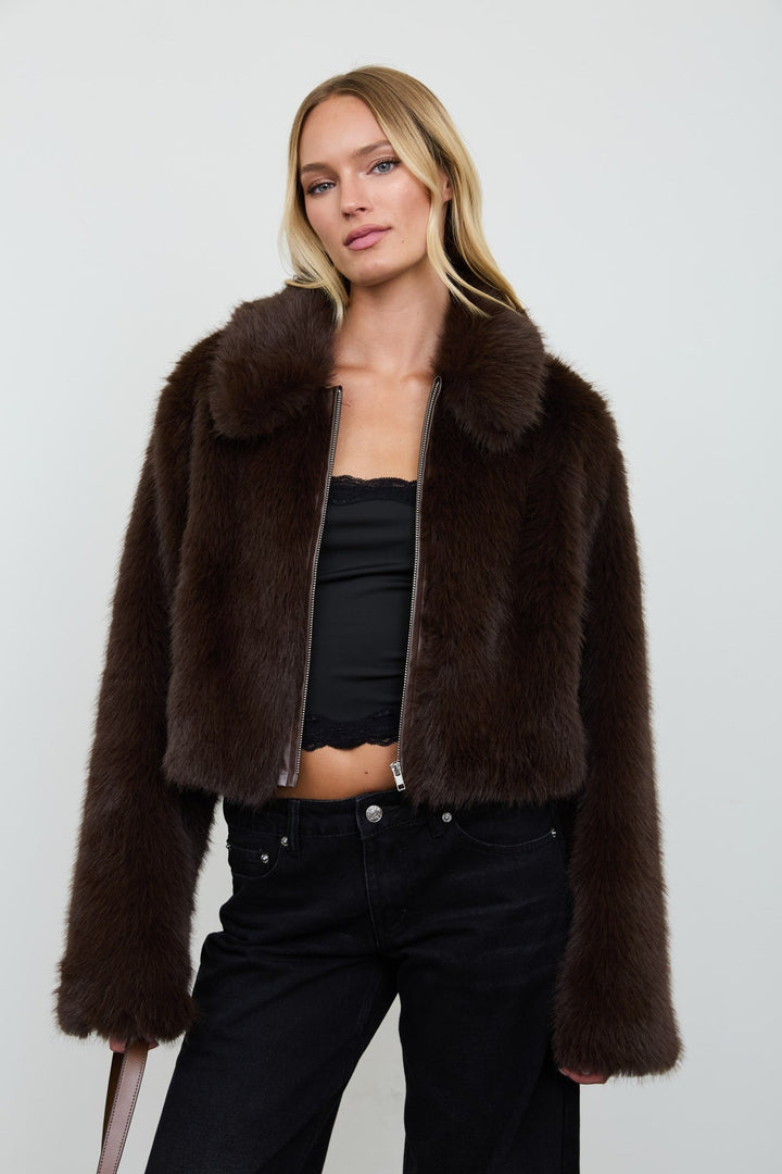 Chocolate Cropped Faux Fur Zip-up Collared Jacket - STYLED BY ALX COUTURECoats &amp; Jackets