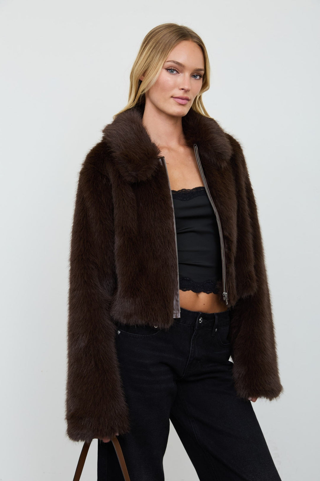 Chocolate Cropped Faux Fur Zip-up Collared Jacket - STYLED BY ALX COUTURECoats &amp; Jackets