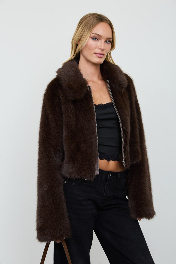Chocolate Cropped Faux Fur Zip-up Collared Jacket - STYLED BY ALX COUTURECoats &amp; Jackets