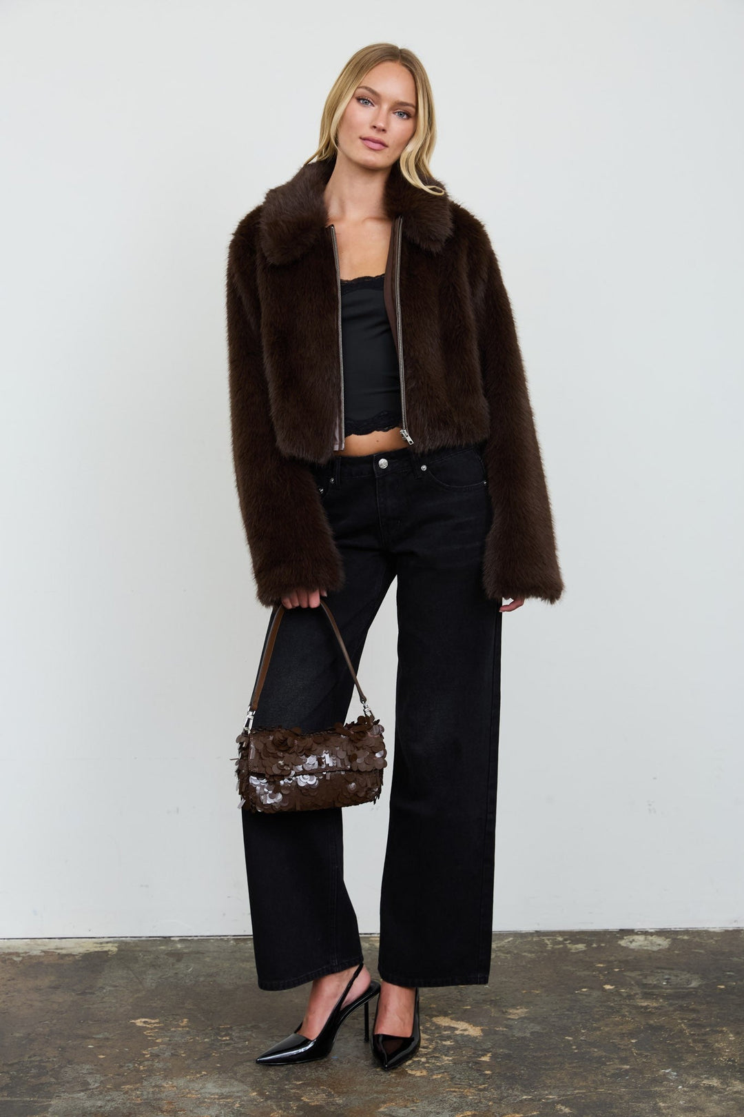 Chocolate Cropped Faux Fur Zip-up Collared Jacket - STYLED BY ALX COUTURECoats &amp; Jackets
