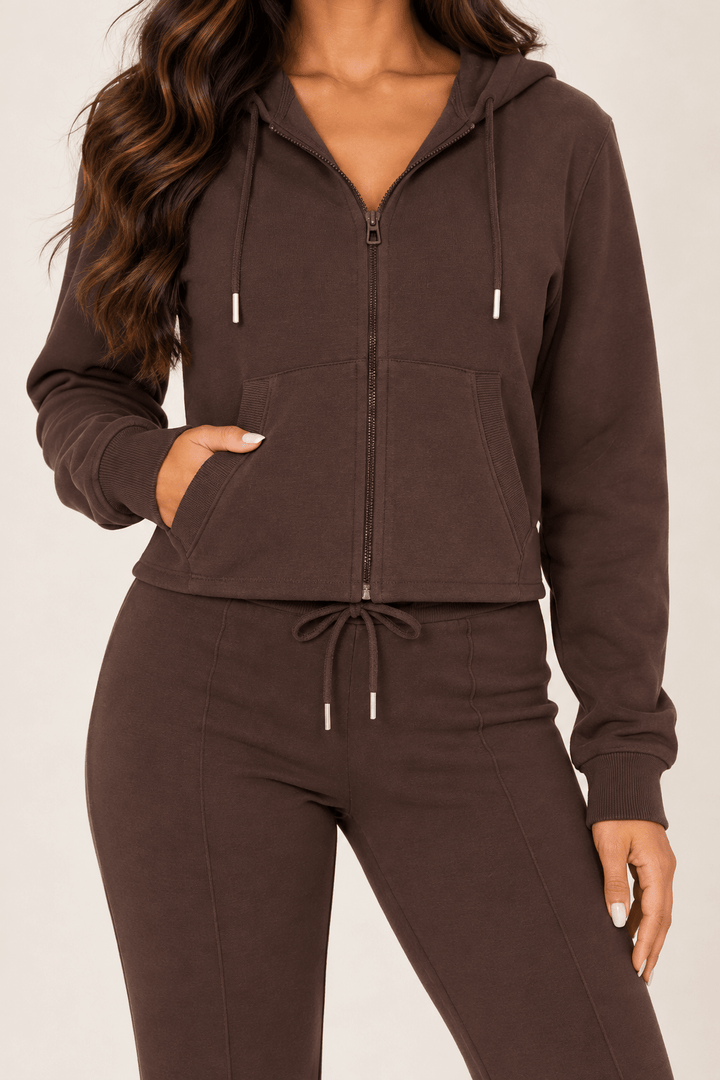 Chocolate Cropped Pocket Zip Hoodie - STYLED BY ALX COUTUREHoodies &amp; Sweatshirts