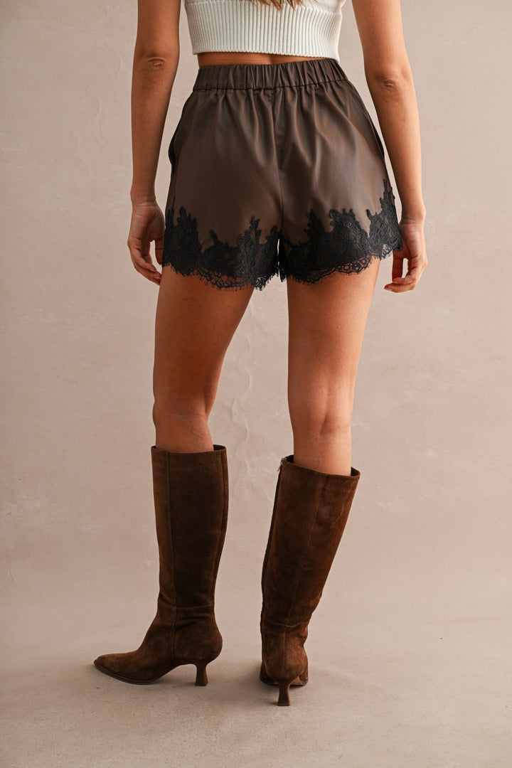 Chocolate Faux Leather Lace Shorts - STYLED BY ALX COUTUREShorts