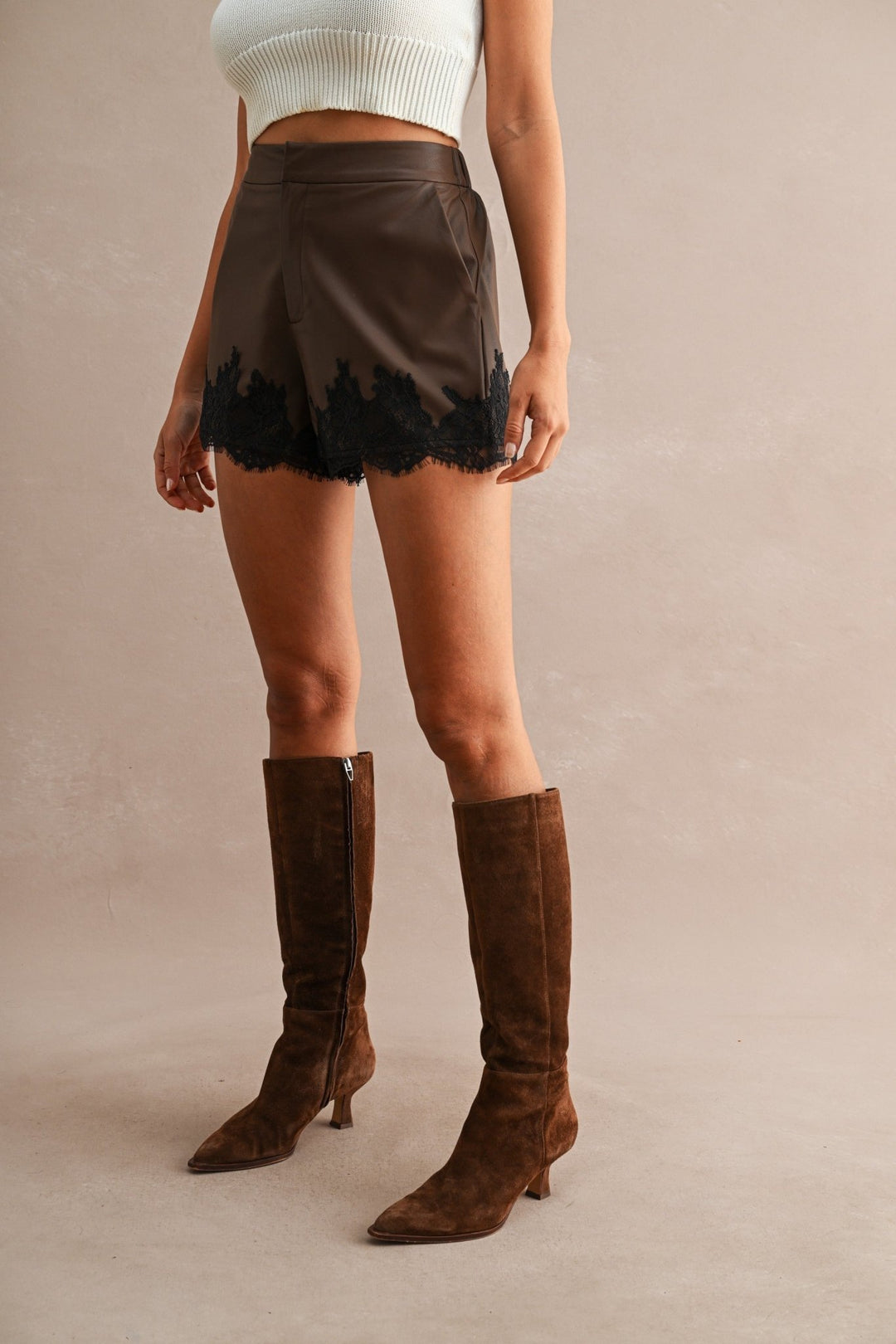 Chocolate Faux Leather Lace Shorts - STYLED BY ALX COUTUREShorts