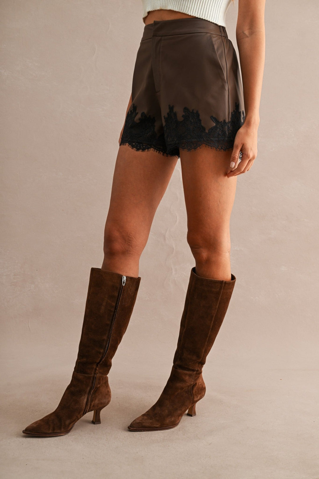 Chocolate Faux Leather Lace Shorts - STYLED BY ALX COUTUREShorts
