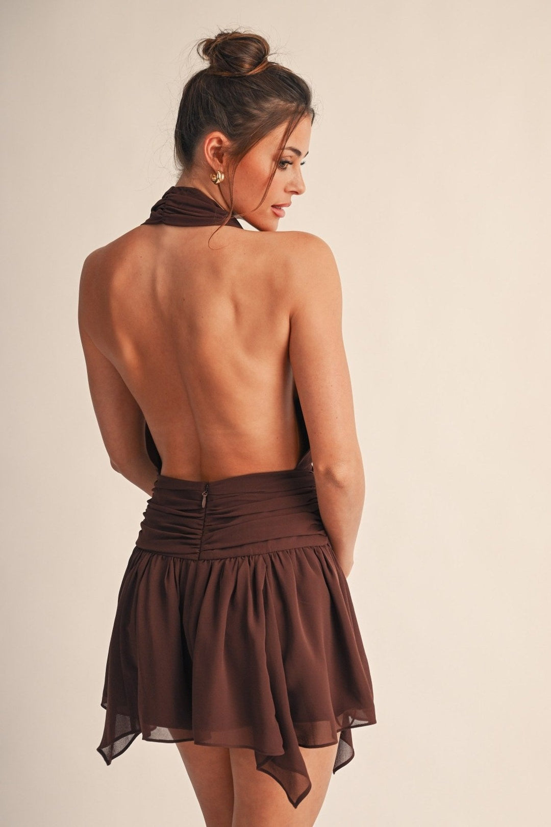 Chocolate Noelle Cowl Halter Open Back Mini Dress - STYLED BY ALX COUTUREDresses
