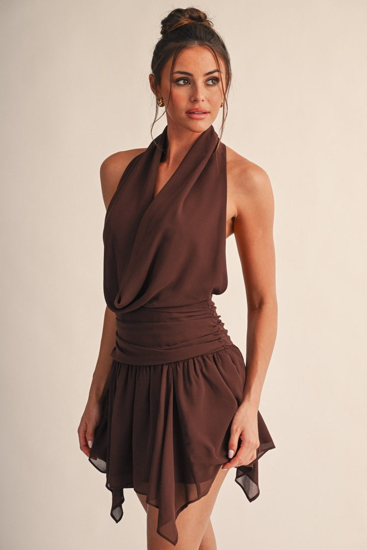 Chocolate Noelle Cowl Halter Open Back Mini Dress - STYLED BY ALX COUTUREDresses