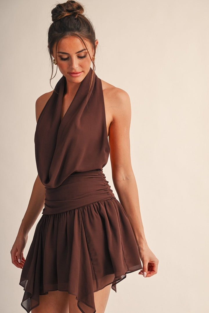 Chocolate Noelle Cowl Halter Open Back Mini Dress - STYLED BY ALX COUTUREDresses