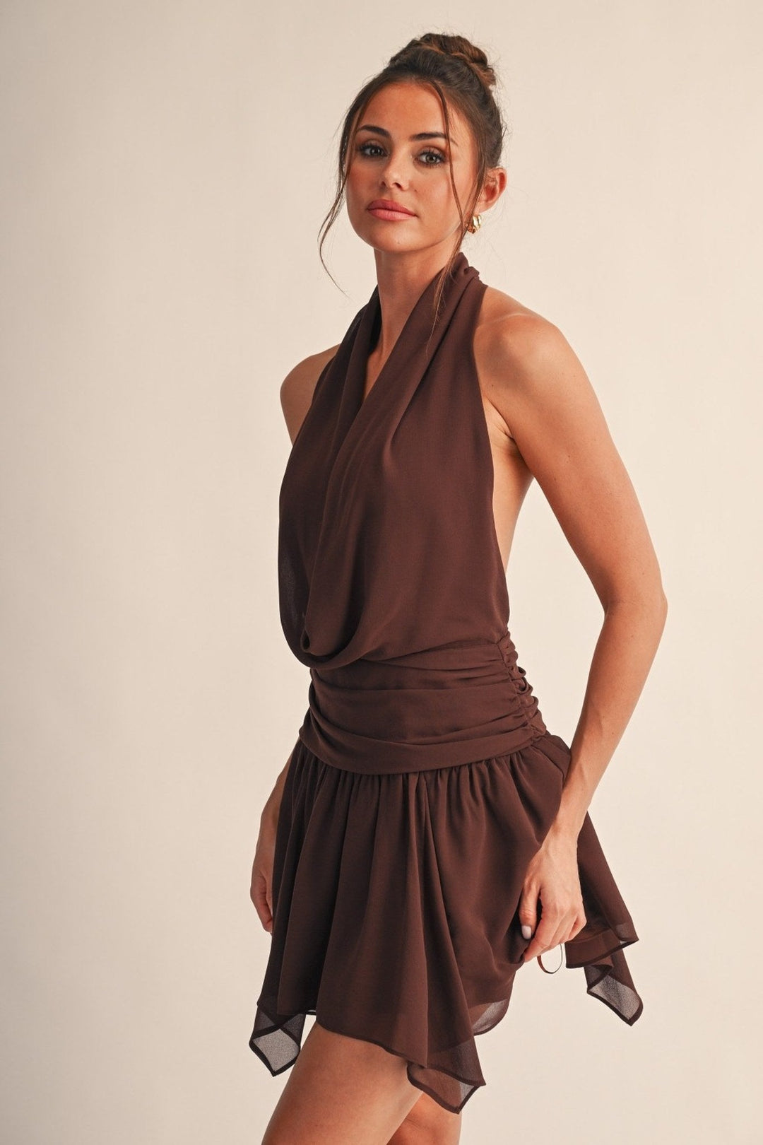 Chocolate Noelle Cowl Halter Open Back Mini Dress - STYLED BY ALX COUTUREDresses