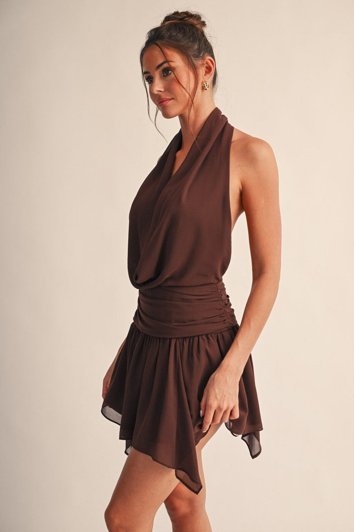 Chocolate Noelle Cowl Halter Open Back Mini Dress - STYLED BY ALX COUTUREDresses
