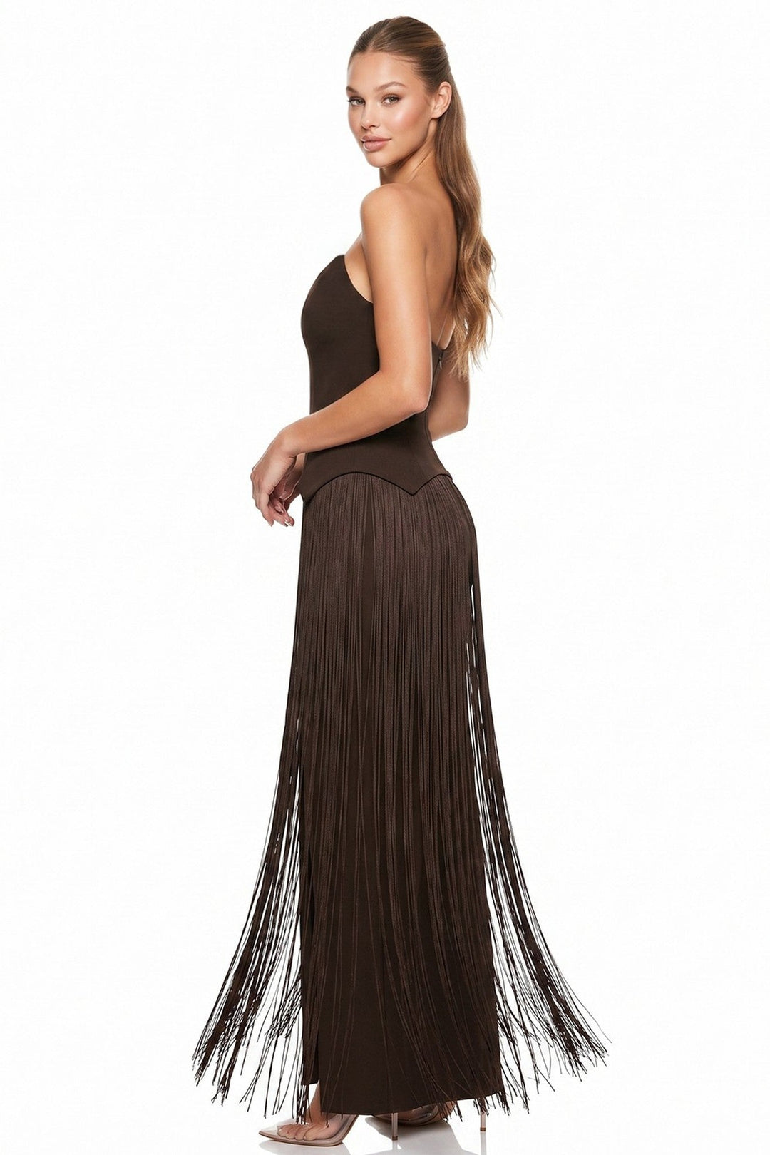Chocolate Strapless Pointed Hem Bodice Fringe Maxi Dress - STYLED BY ALX COUTUREDresses
