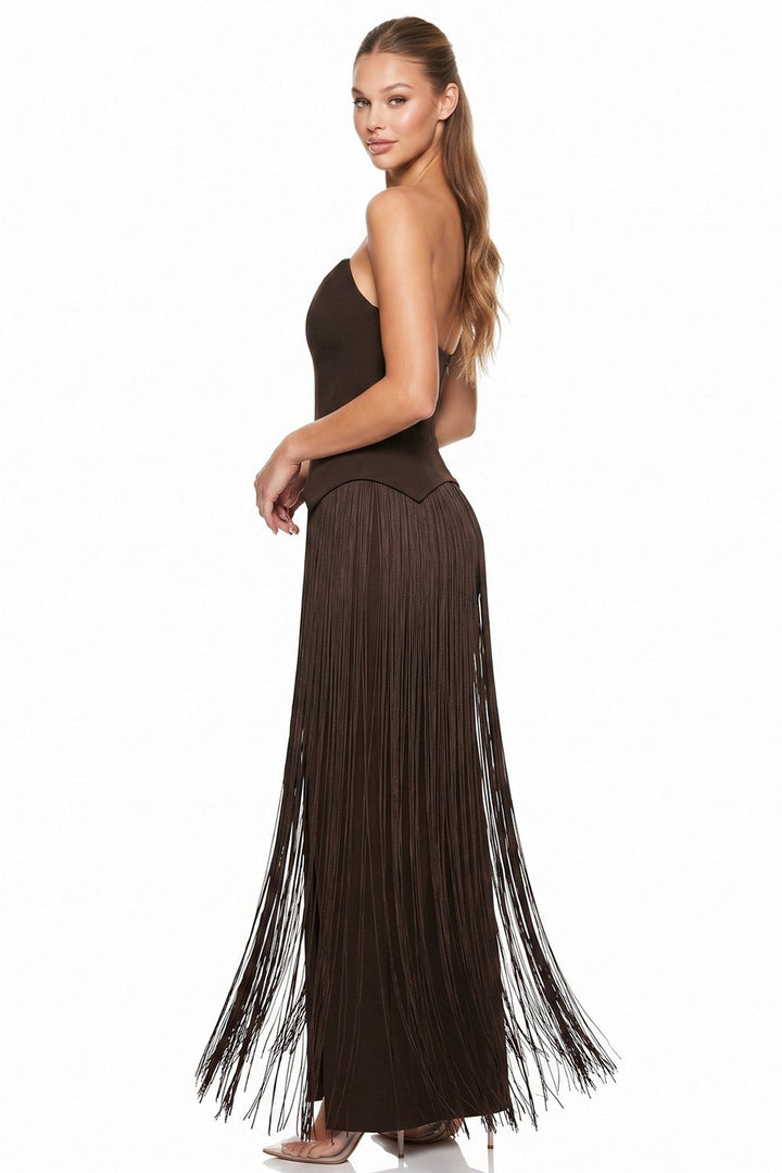 Chocolate Strapless Pointed Hem Bodice Fringe Maxi Dress - STYLED BY ALX COUTUREDresses