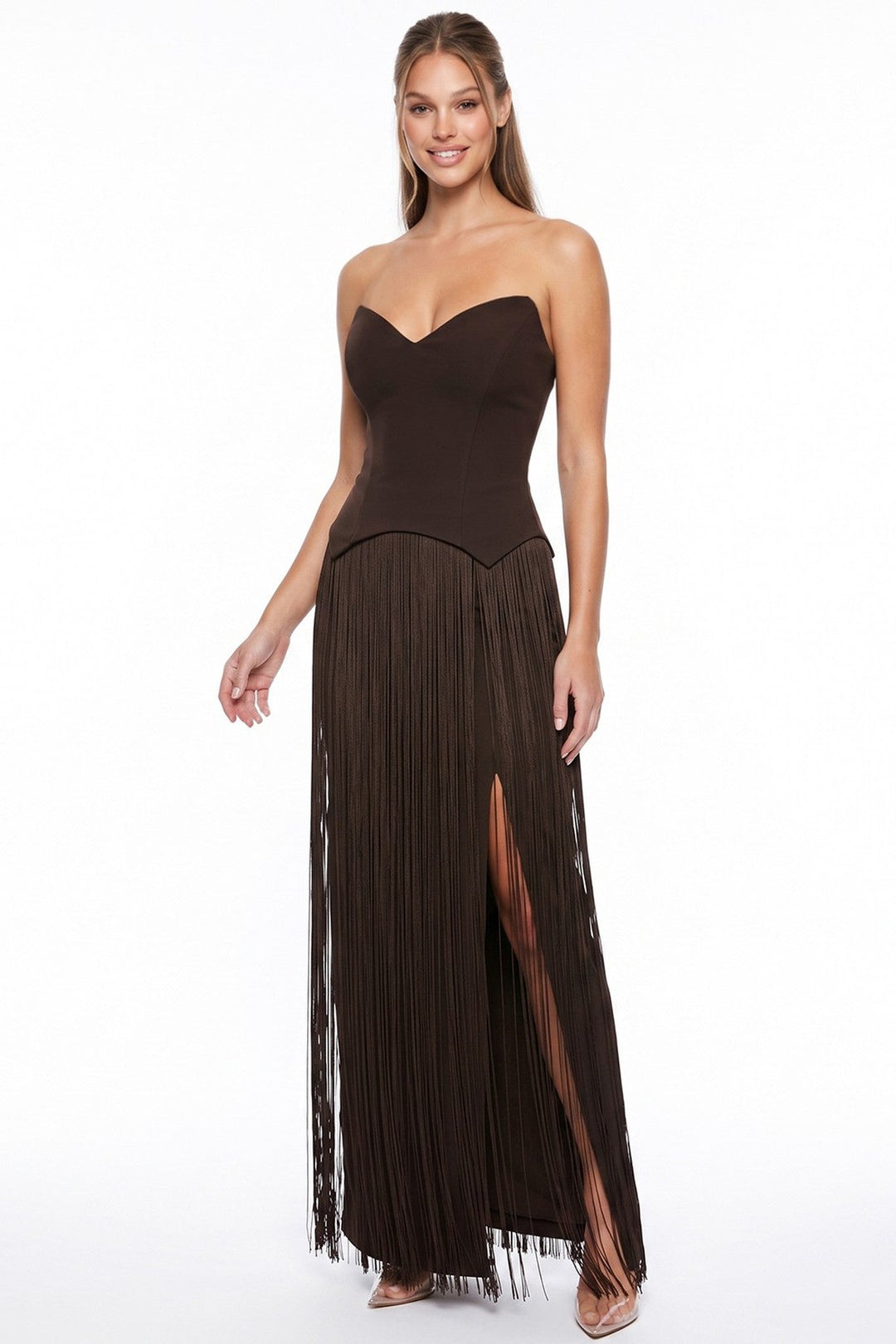 Chocolate Strapless Pointed Hem Bodice Fringe Maxi Dress - STYLED BY ALX COUTUREDresses