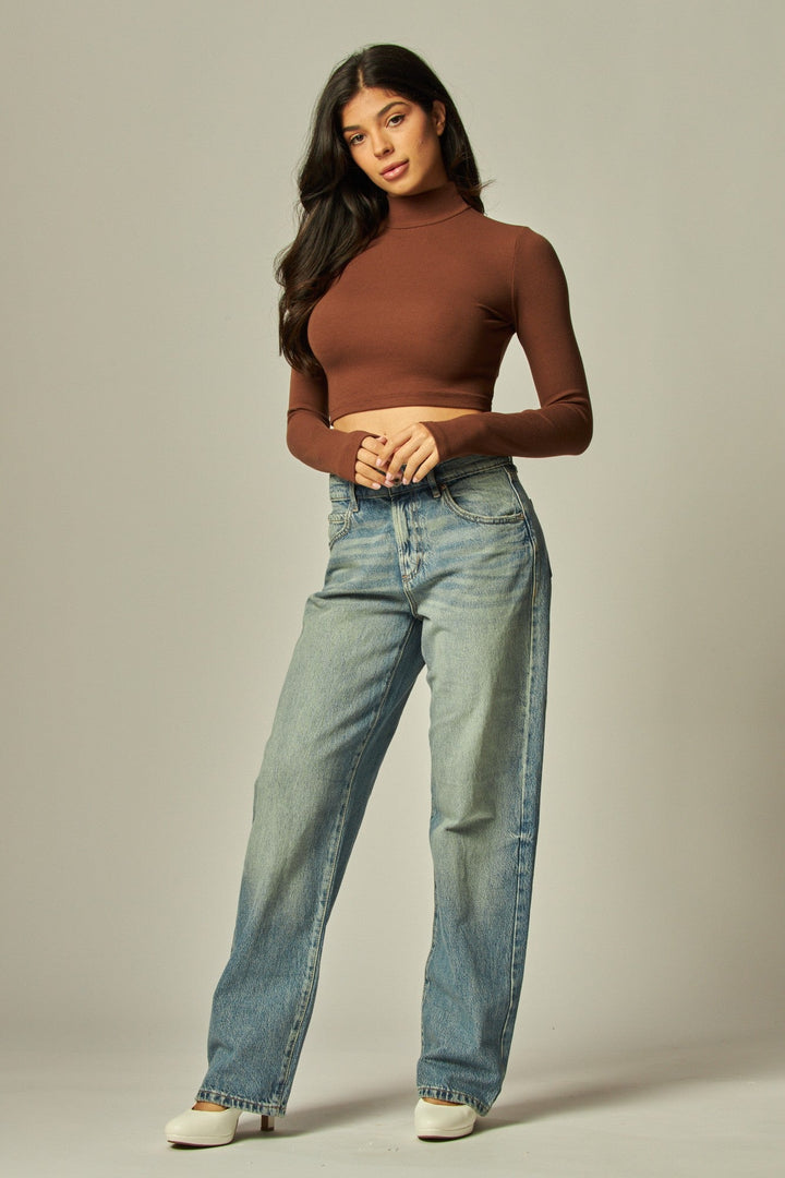 Cocoa Ribbed Knit Cropped Mock Neck Long Sleeve Tee - STYLED BY ALX COUTUREShirts & Tops