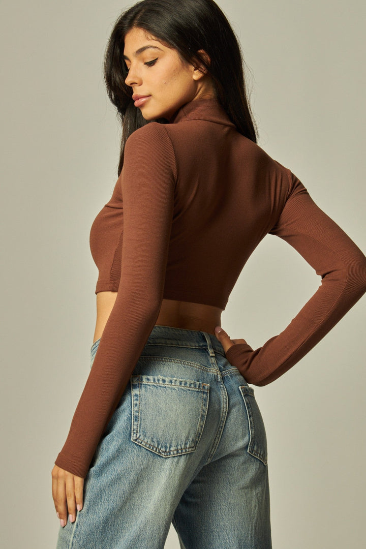 Cocoa Ribbed Knit Cropped Mock Neck Long Sleeve Tee - STYLED BY ALX COUTUREShirts & Tops