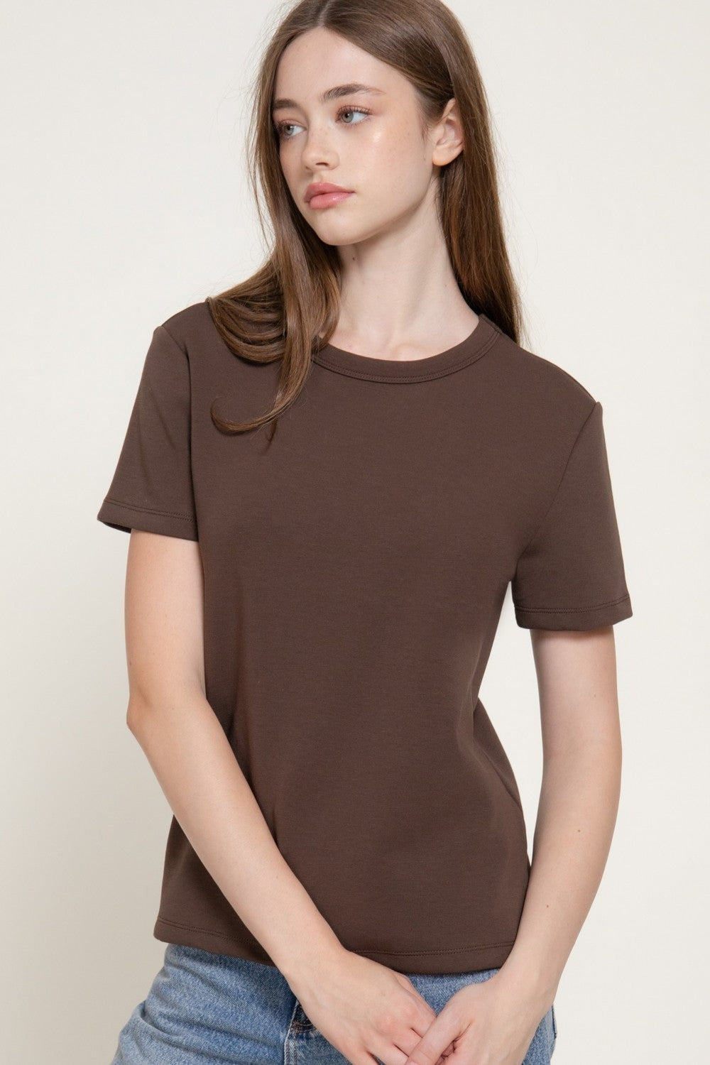 Front view of the cocoa brown short sleeve round neck soft knit jersey tee