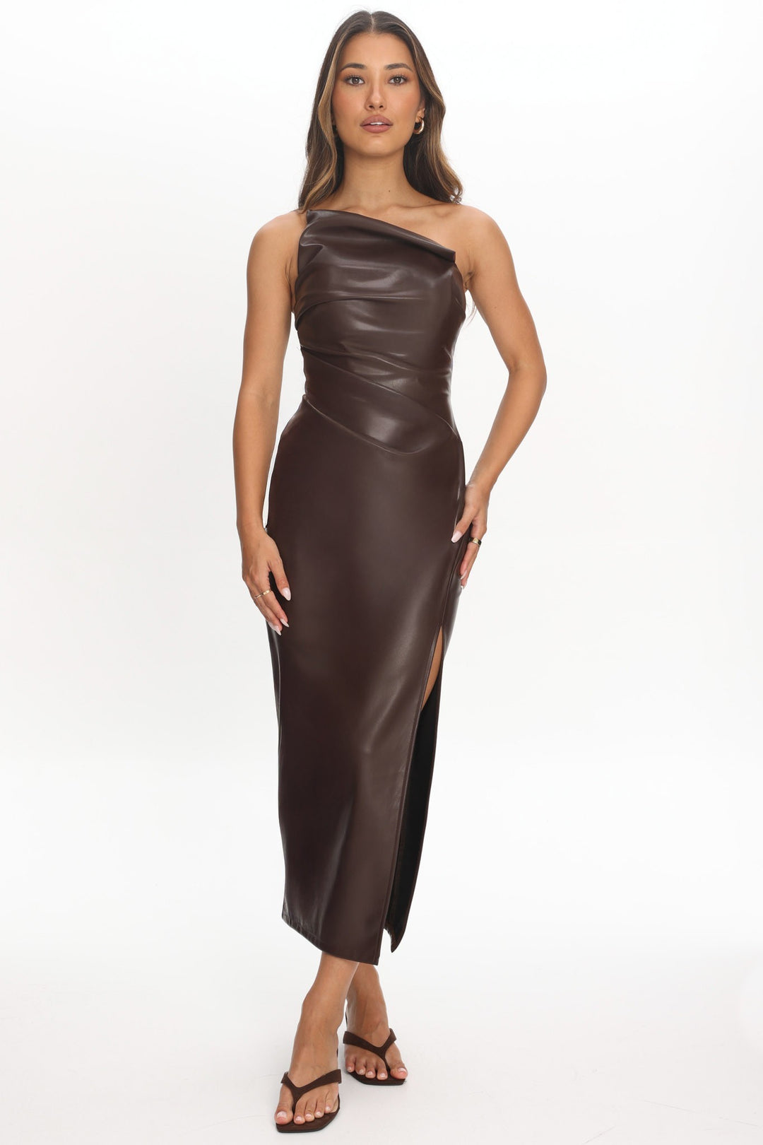 Coffee brown faux leather one shoulder midi dress with draped ruched bodice, front view