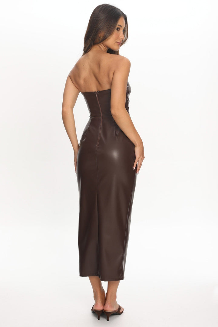 Coffee Noire Luxe One Shoulder Faux Leather Midi Dress - STYLED BY ALX COUTUREDresses