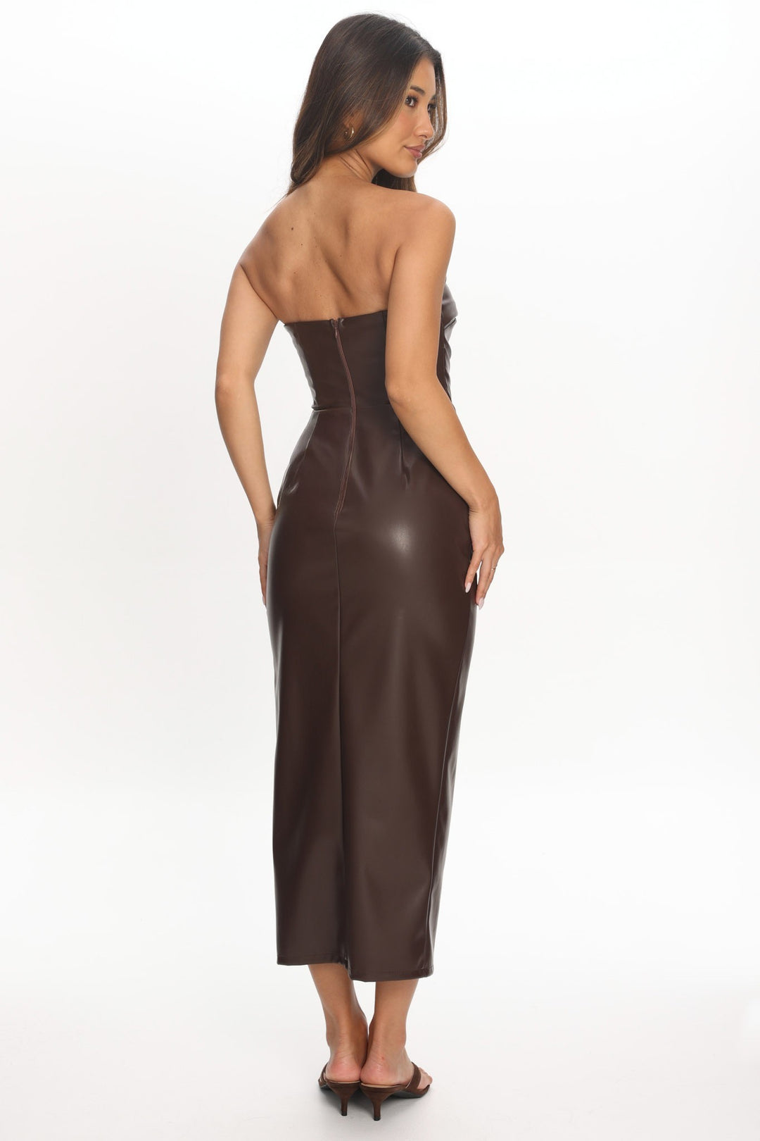 Coffee faux leather one shoulder midi dress, back view