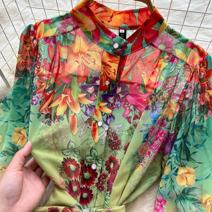 Colorful Multi Printed Balloon Sleeve Midi Dress - STYLED BY ALX COUTUREDresses