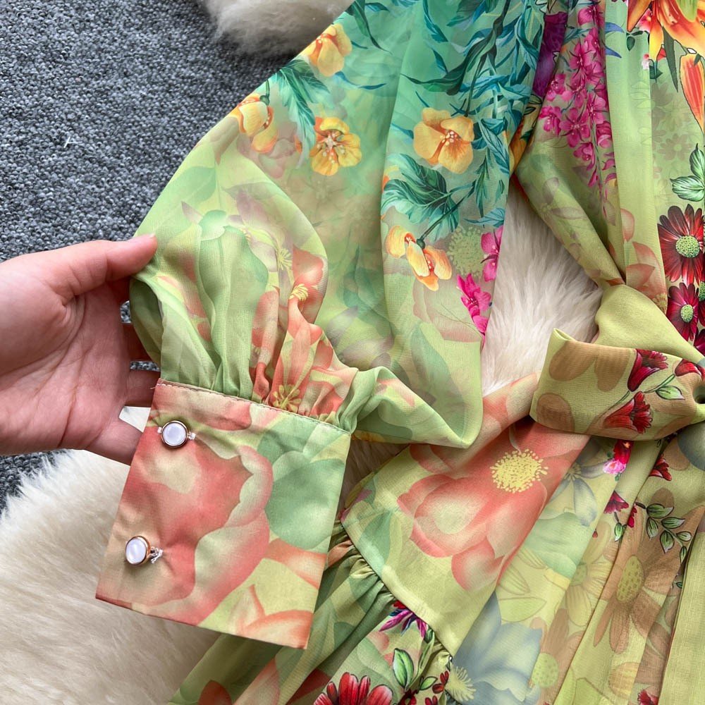 Colorful Multi Printed Balloon Sleeve Midi Dress - STYLED BY ALX COUTUREDresses