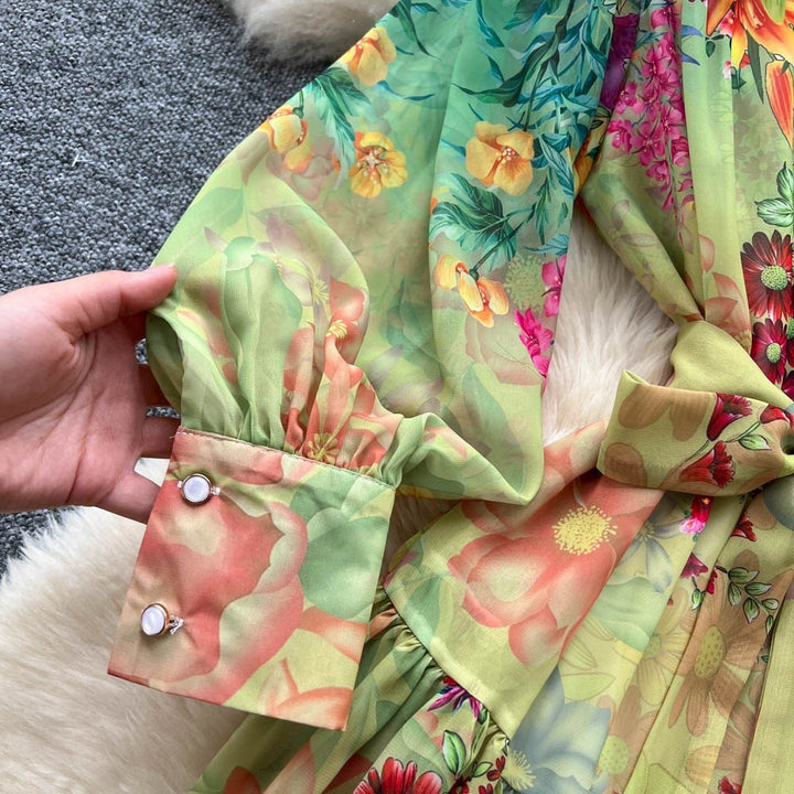 Colorful Multi Printed Balloon Sleeve Midi Dress - STYLED BY ALX COUTUREDresses