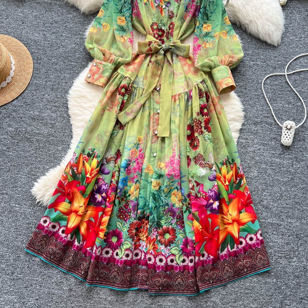 Colorful Multi Printed Balloon Sleeve Midi Dress - STYLED BY ALX COUTUREDresses